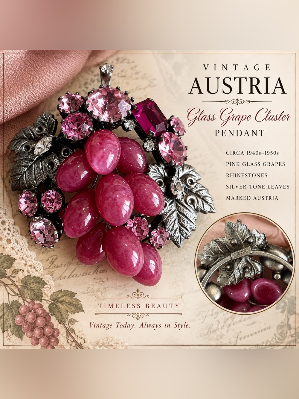 Vintage 1940’s-50’s Austria Pink Glass Grape Cluster Rhinestone Pendant